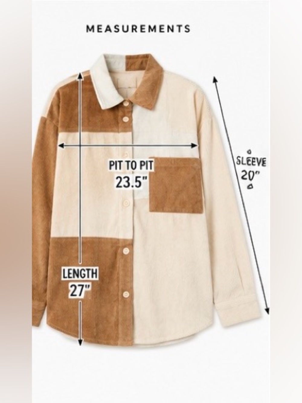 Colorblock Corduroy Shacket Oversized Boho Western Shirt Chic Neutral Jacket, S - Picture 10 of 11